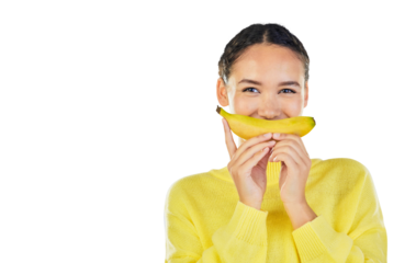 Detox, banana and portrait of woman with nutrition, lose weight or girl isolated on a transparent background. Face, female person or model with fruit, digestion or png for healthy eating or wellness