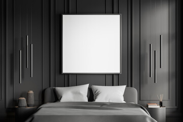 Classic gray bedroom interior with square poster