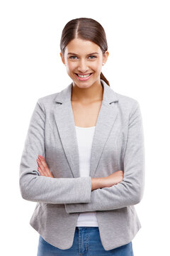 Happy, portrait of intern or woman with arms crossed and professional interior designer on isolated, transparent or png background. Real estate, realtor or smile on the face of employee in internship