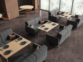Brown restaurant interior with sofas, top view