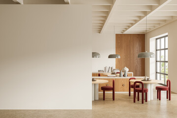White and wooden restaurant interior with round tables and blank wall