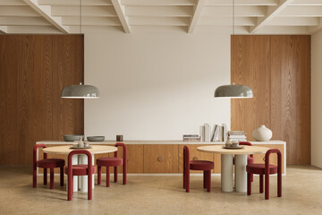 Luxury cafe interior with chairs and sideboard with decoration, wall mockup