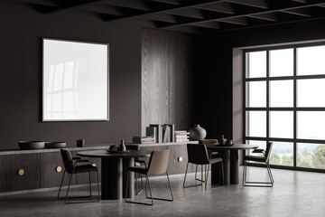 Grey cafe interior with chairs and sideboard with window, mockup frame