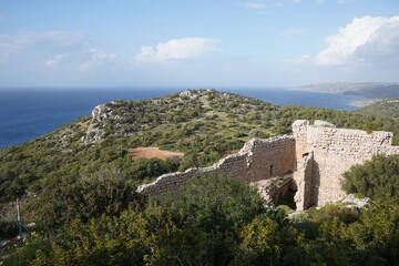 Fototapeta na wymiar Medieval castle of Kritinia (Kastellos) built by the Knights of St John, Rhodes island, Greece