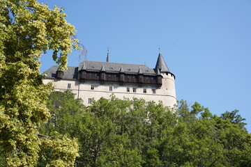 Fototapeta na wymiar Karlstejn medieval gothic royal Castle in Central Bohemia. Karlstejn castle - popular tourist attraction near Prague. Czech Republic