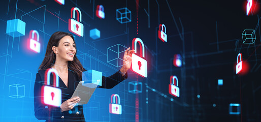 Woman with tablet using data protection and blockchain interface