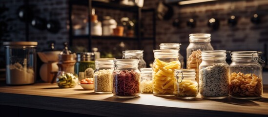 Storage jars containing flour and various types of pasta are placed on the kitchen countertop,