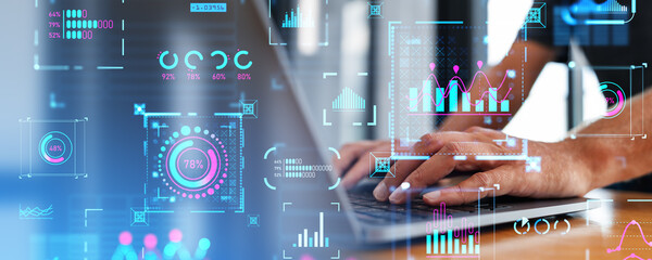 Businessman typing in laptop, graph chart and dashboard with statistics