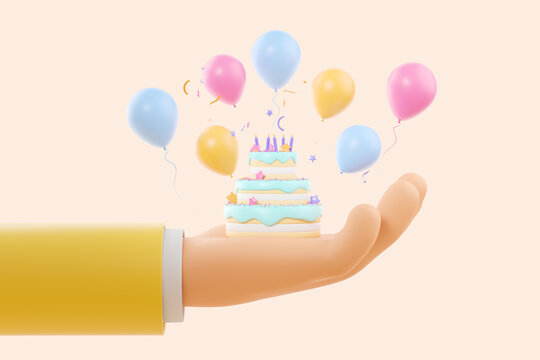 Cartoon man hand holding birthday cake with balloons
