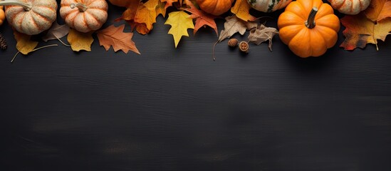 dry leaves and a pumpkin on a blackboard. It is a flat lay view with space to add text. It is suitable