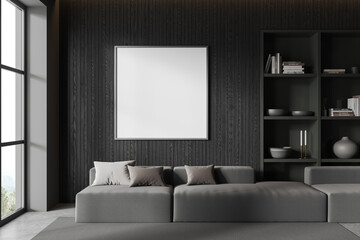Grey relax room interior couch and shelf with decoration, mockup frame