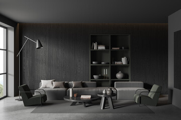 Grey home living room interior with couch and armchairs with shelf