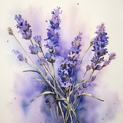 Lavender twigs, branch, watercolor painting. Purple and violet floral elements. Lavender flowers. Generative AI