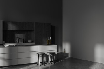 Grey home modern kitchen interior with bar countertop and shelves, mockup wall