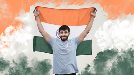 Young Indian man holding Indian flag, Independence day, Republic day