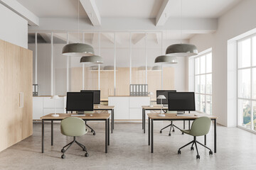 Business office interior with pc desktop on table, shelf and panoramic window