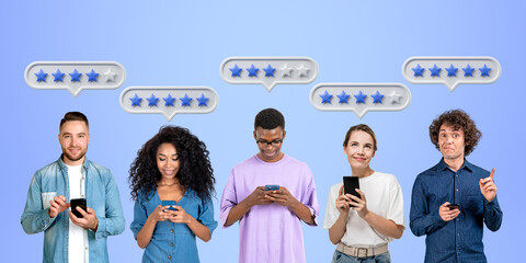 Young people using smartphone, speech bubbles with feedback, online review