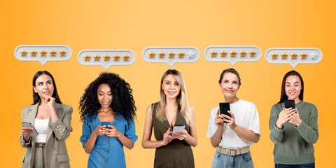 Five women with smartphones giving star rating feedback