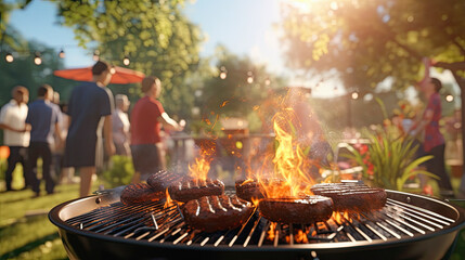 barbecue, foreground with steak in fire, barbecue party in the background,