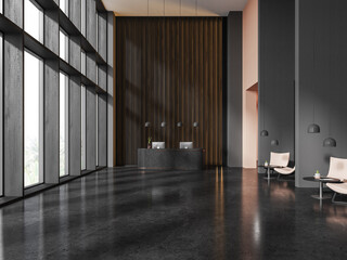 Dark office interior with reception desk and relax space with panoramic window