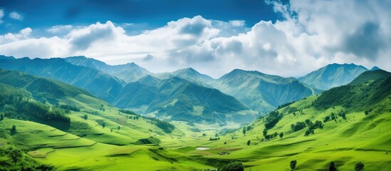 serene and scenic landscape with a mountain, sky, and clouds. It exudes tranquility and relaxation,