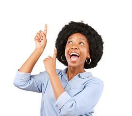 Funny, pointing up and black woman with a smile, promotion and excited isolated on a transparent...