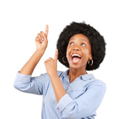 Funny, pointing up and black woman with a smile, promotion and excited isolated on a transparent background. Female person, happy and model with gesture, sales and direction with png and opportunity