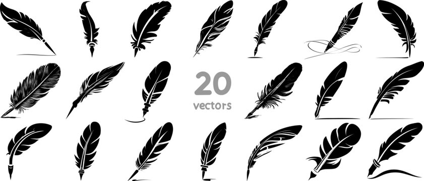 set of monochrome silhouettes of fountain pen vector images