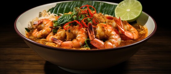 The Laksa Shrimp Bowl is a popular Asian Malaysian dish that consists of glass noodles, shrimps,