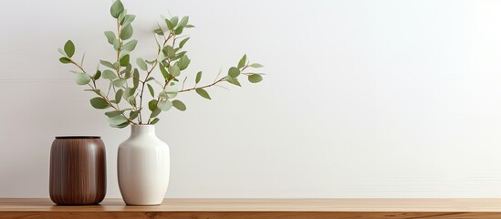 The living room has a modern vase with eucalyptus branches and a small bamboo jewelry box on a