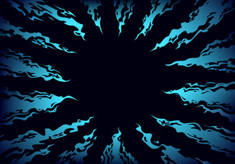 Tongues of blue fire directed to the center on a black background. Comic fantasy blue fire flame backgrounds. Design template page. Hand drawn vector art