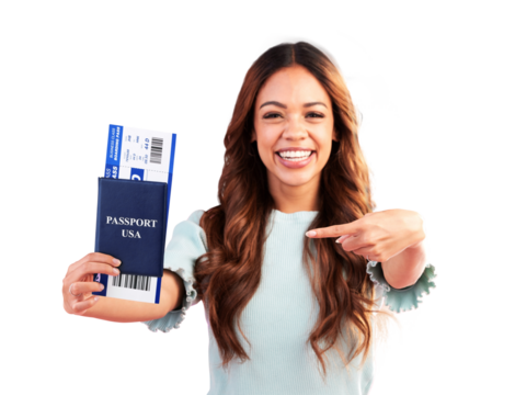 Happy woman, portrait and pointing to USA passport with travel ticket isolated on a transparent PNG background. Excited female person smile with boarding pass or flight documents for vacation trip