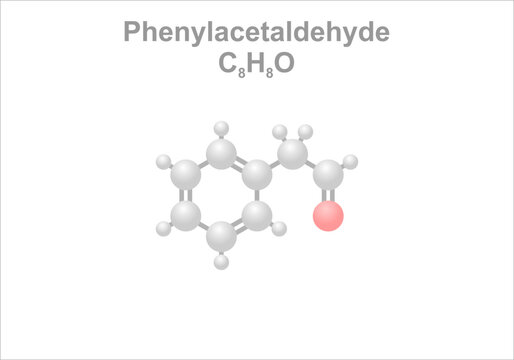 Phenylacetaldehyde. Simplified scheme of the molecule. Use for the synthesis polymers and in perfume industry.