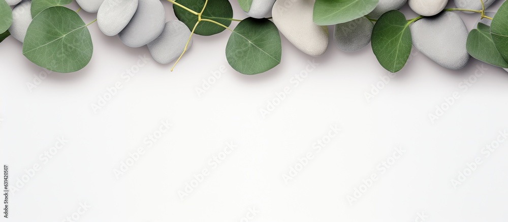 Aufkleber green eucalyptus leaves arranged on a stone table with a frame made of eucalyptus branches. captured
