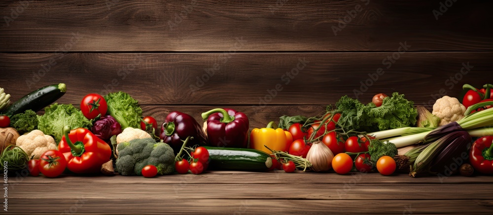 Poster wooden surface with a variety of vegetables arranged on it. there is space for text or other items