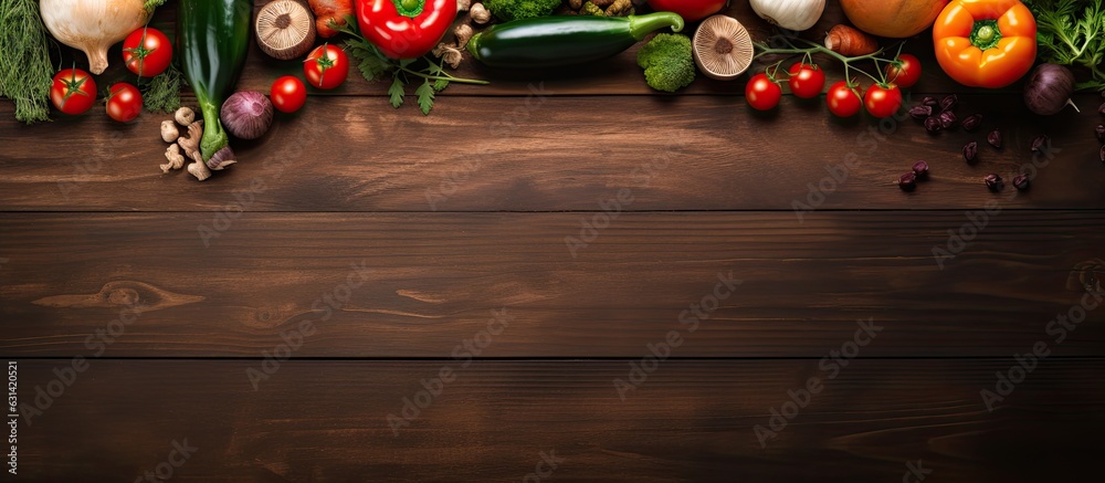Poster wooden surface with a variety of vegetables arranged on it. there is space for text or other items