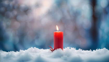 Red christmas candle with snow and copy space