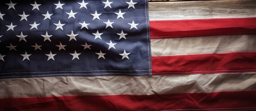 shows the American flag on an old wooden background, with space for text. It is a close-up image