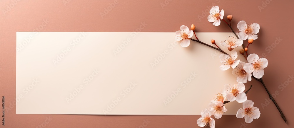 Poster Top view of a minimalistic empty canvas paper or card with space for text and a flower twig, featuring