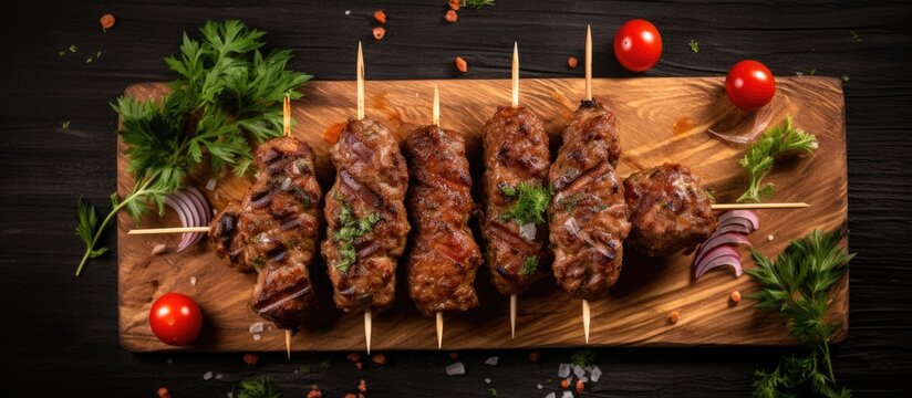Top view of a gray background with raw kofta or lula kebabs skewers on a butcher board