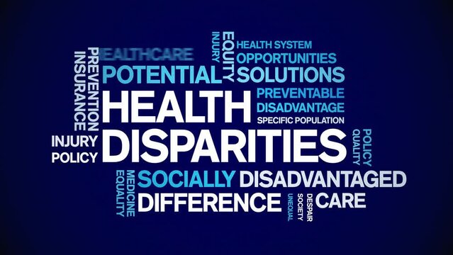 Health Disparities Animated Tag Word Cloud;text Design Animation Kinetic Typography Seamless Loop.