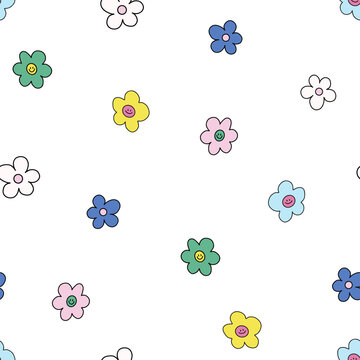Beautiful vector kid seamless pattern with cute hand drawn little colorful flowers. Stock illustration.