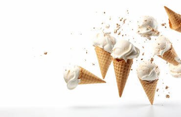 Ice creams flying on white background. Generative Ai