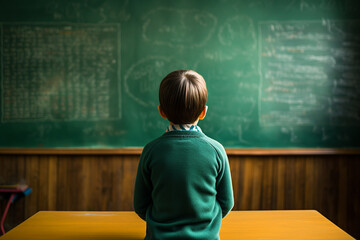 Small boy standing in front of a school blackboard, from behind.  Generative Ai.