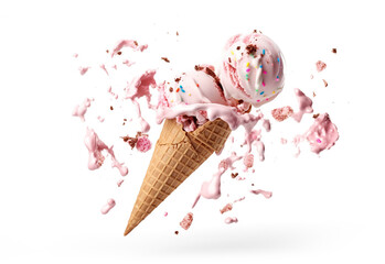 Pink, delicious Ice cream flying on white background.  Generative Ai - obrazy, fototapety, plakaty