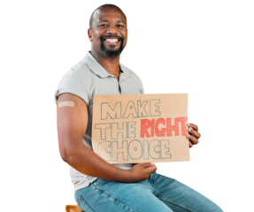 Portrait, smile and poster for covid with a black man isolated on a transparent background for healthcare promotion. Medical, freedom and rights with a happy male patient on PNG for health choice
