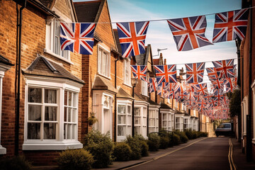 British Union Jack flag garlands in a street in London, UK