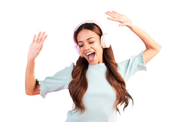 Woman, headphones and dance to music, singing and celebrate freedom isolated on transparent png background. Excited model, party and energy to audio, streaming radio sound and listening to rave song