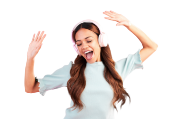 Woman, headphones and dance to music, singing and celebrate freedom isolated on transparent png background. Excited model, party and energy to audio, streaming radio sound and listening to rave song