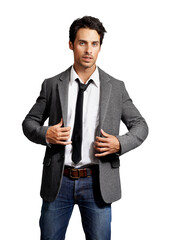 Fototapeta premium Fashion portrait, confidence and man in suit isolated on a transparent png background. Business, serious and person, professional and consultant worker in clothes, jeans and corporate style in Spain